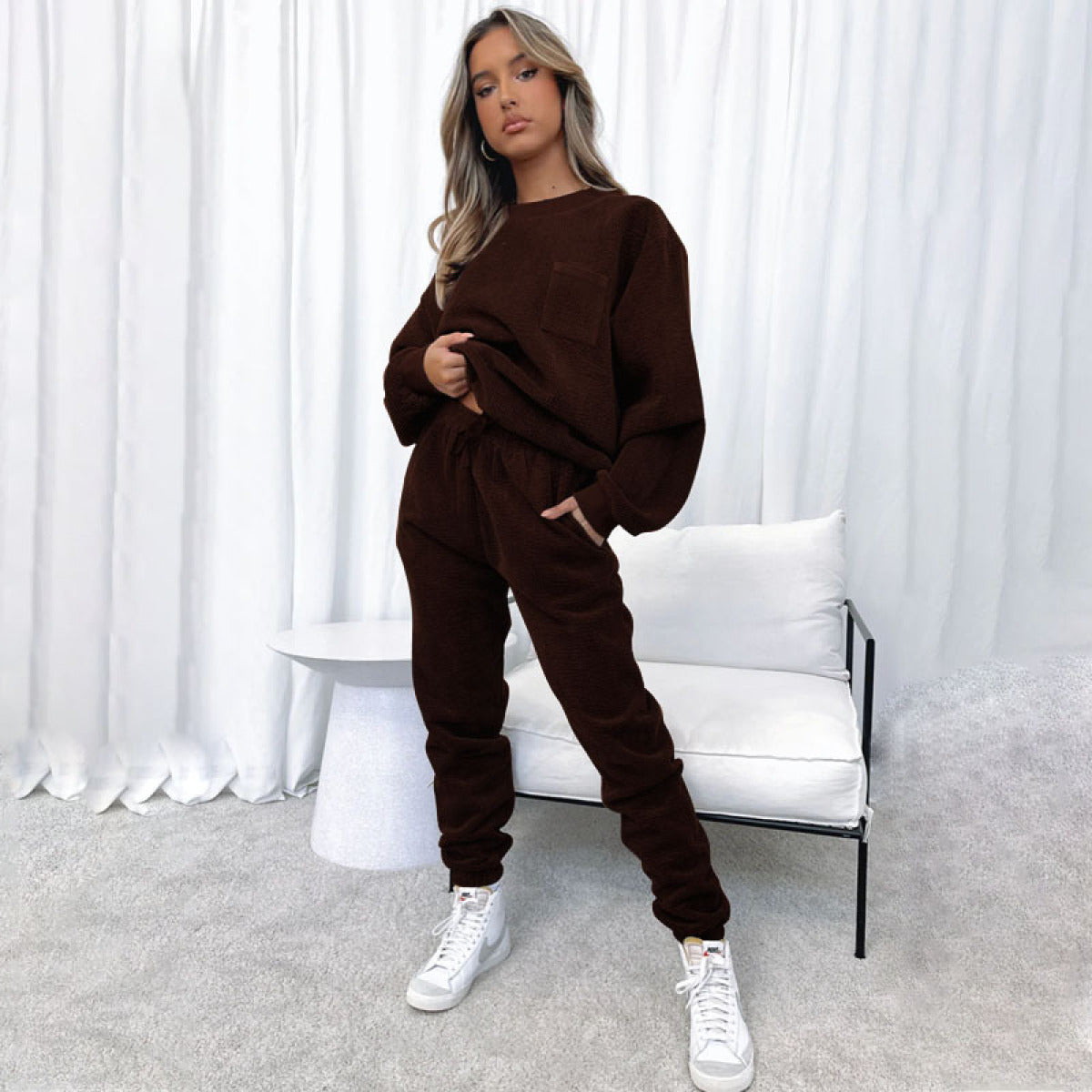 Corduroy Crew Neck Pullover Long Sleeve Sweatshirts & TiePants Two-Piece Sets