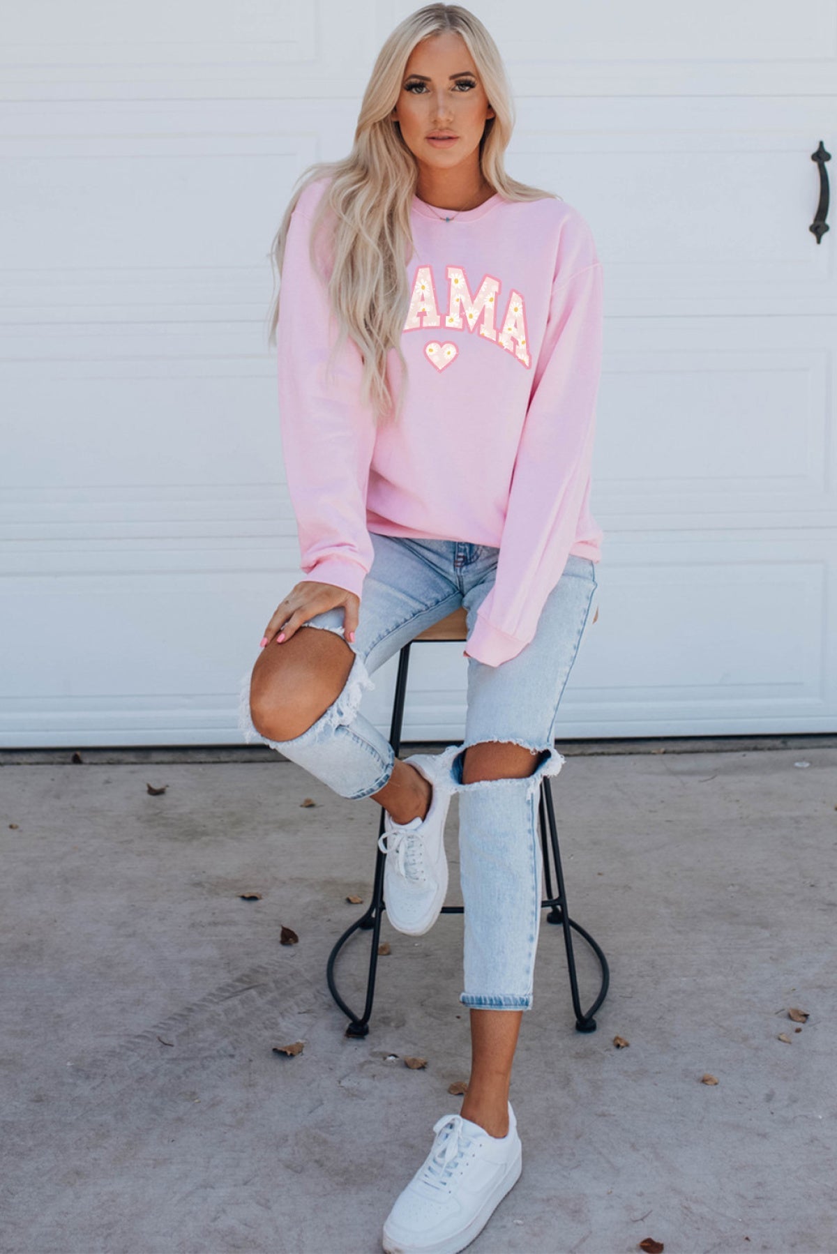 Pink Mama Letter Print Daisy Shading Sweatshirt