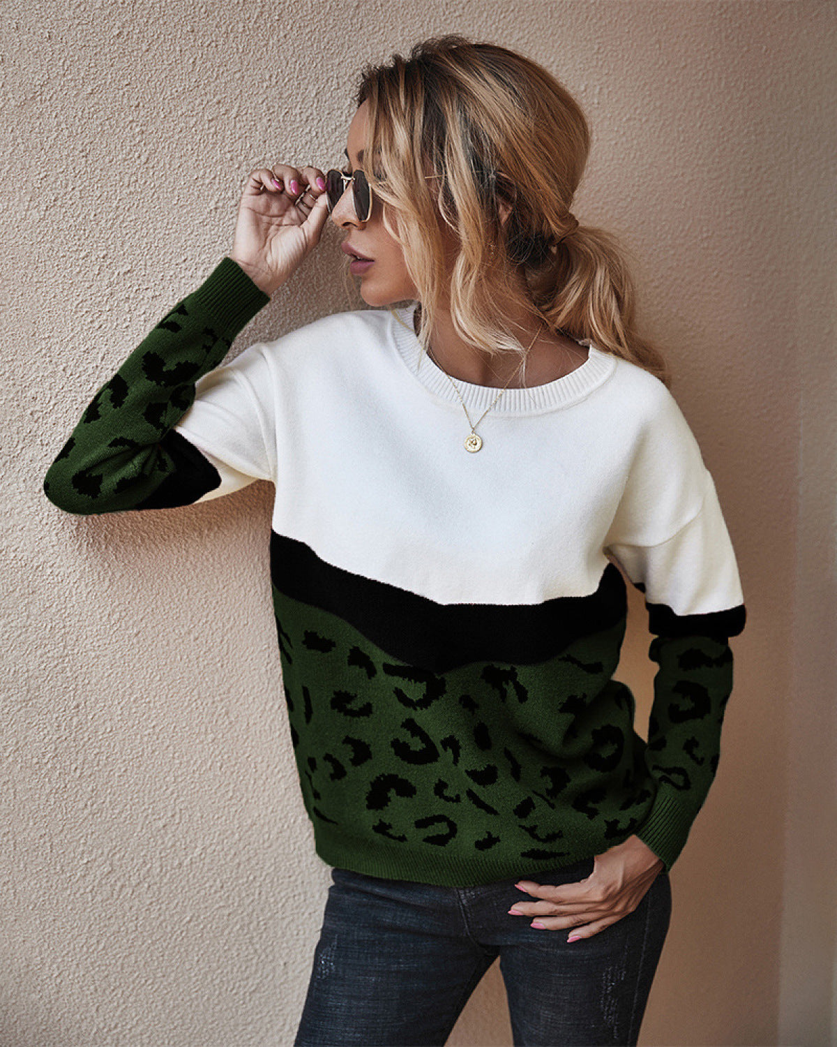 Leopard Round Neck Long Sleeve Sweater