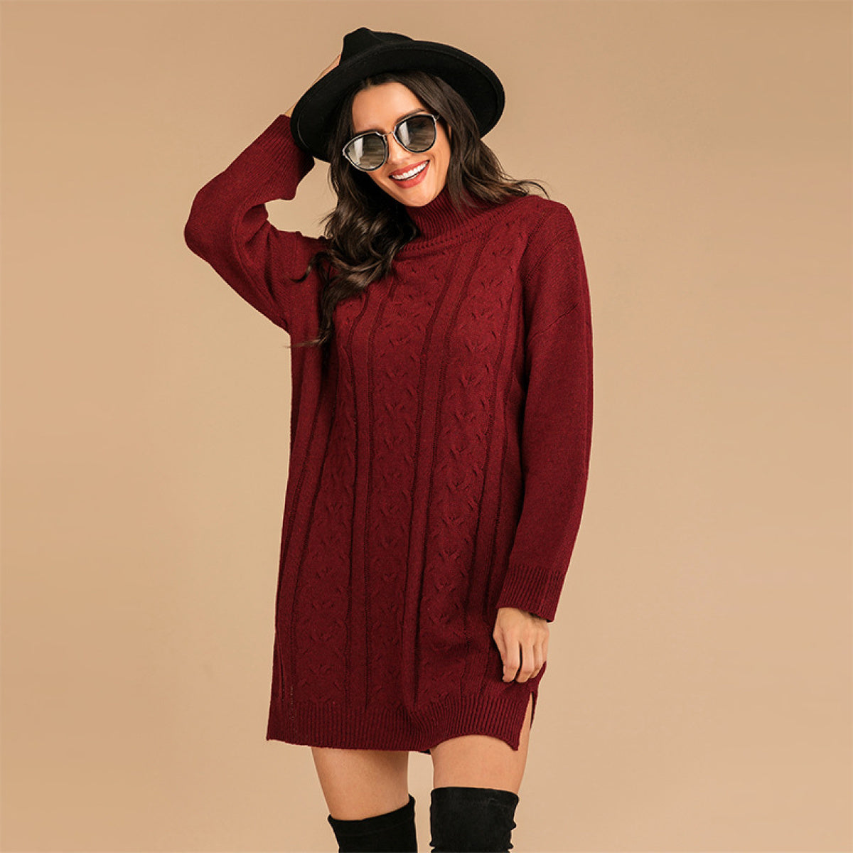 Burgundy Turtleneck Cable Knitted Slit Sweater Dress