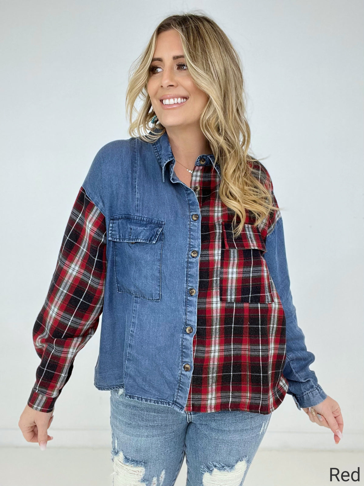 Easel "Plaid Denim Fusion" Washed Plaid Denim Shirt with Flap Pockets