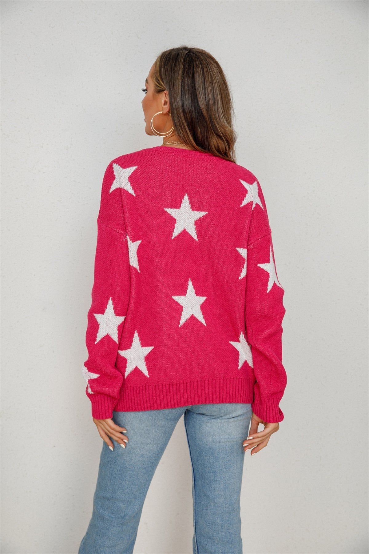 Crew Neck Long Sleeve Stars Graphics Sweater