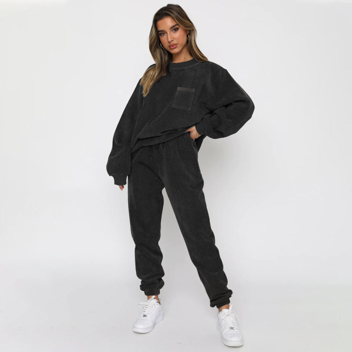 Corduroy Crew Neck Pullover Long Sleeve Sweatshirts & TiePants Two-Piece Sets