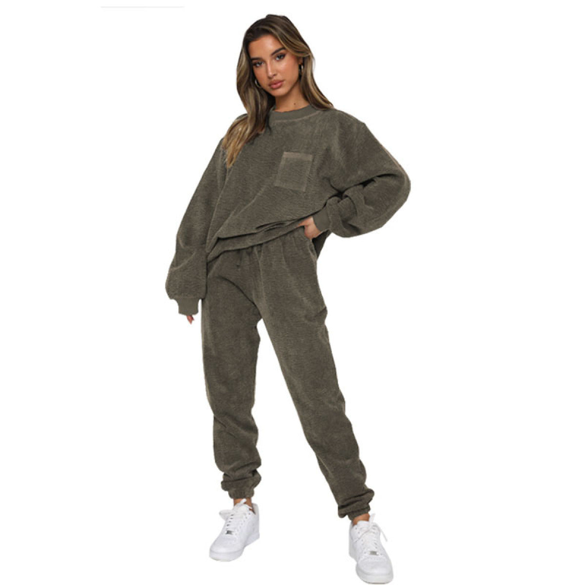 Corduroy Crew Neck Pullover Long Sleeve Sweatshirts & TiePants Two-Piece Sets