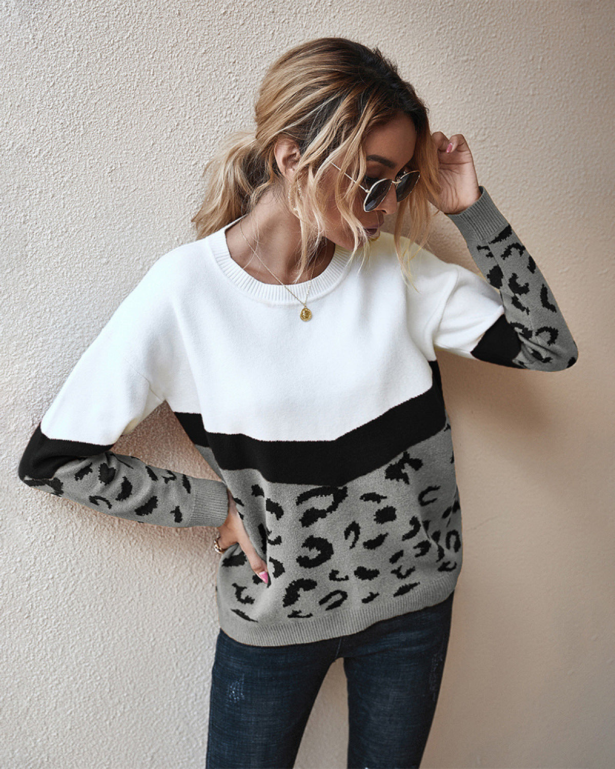 Leopard Round Neck Long Sleeve Sweater