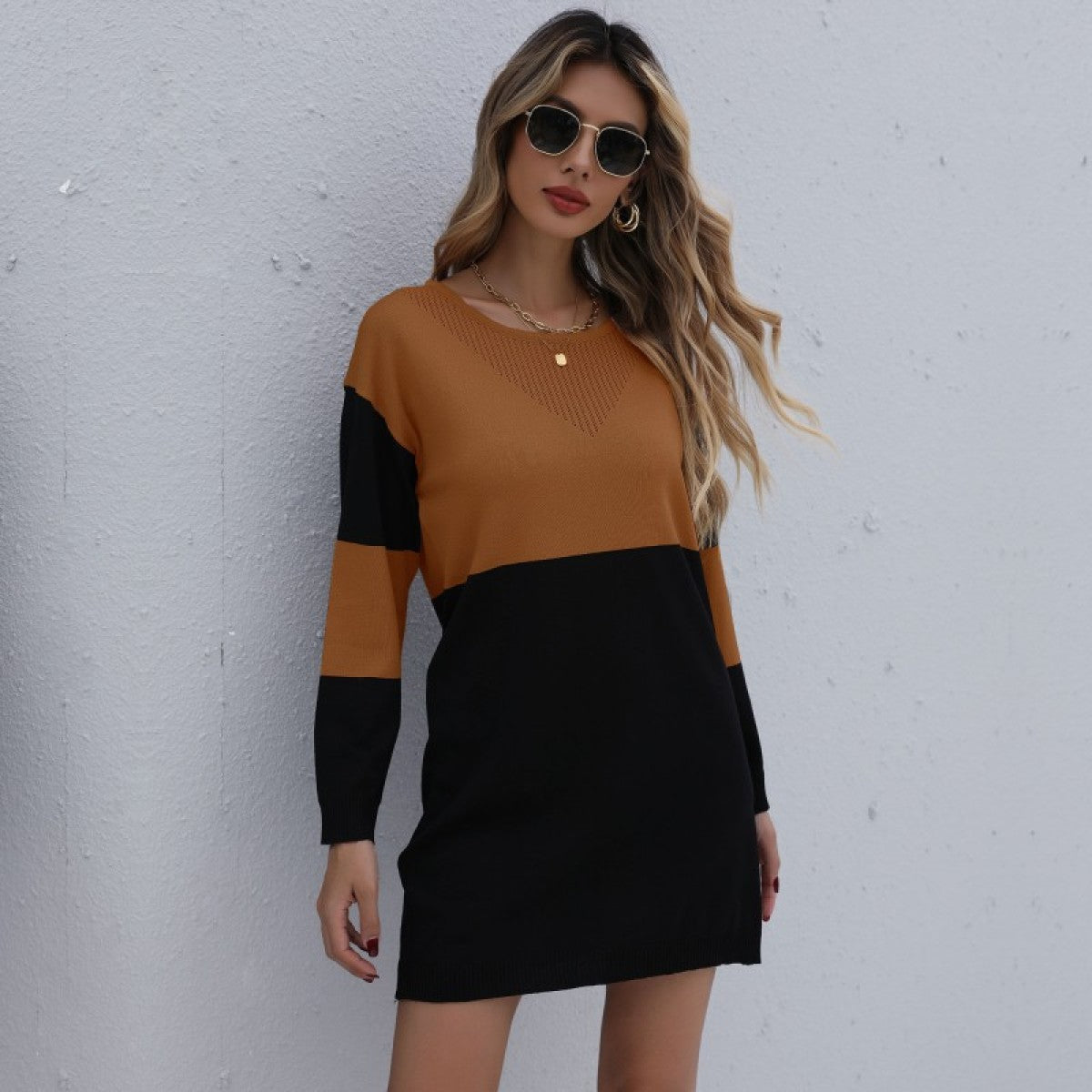 Round Neck Long Sleeve Colorblock Sweater Dress