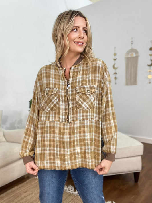 Heyson Comfy Half Zip Plaid Chambray Mixed Pullover