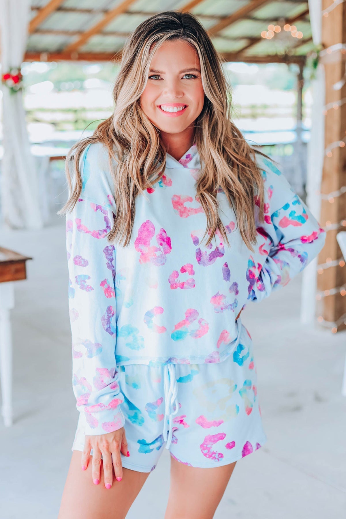 Sky Blue Leopard Print Hoodie And Shorts Set