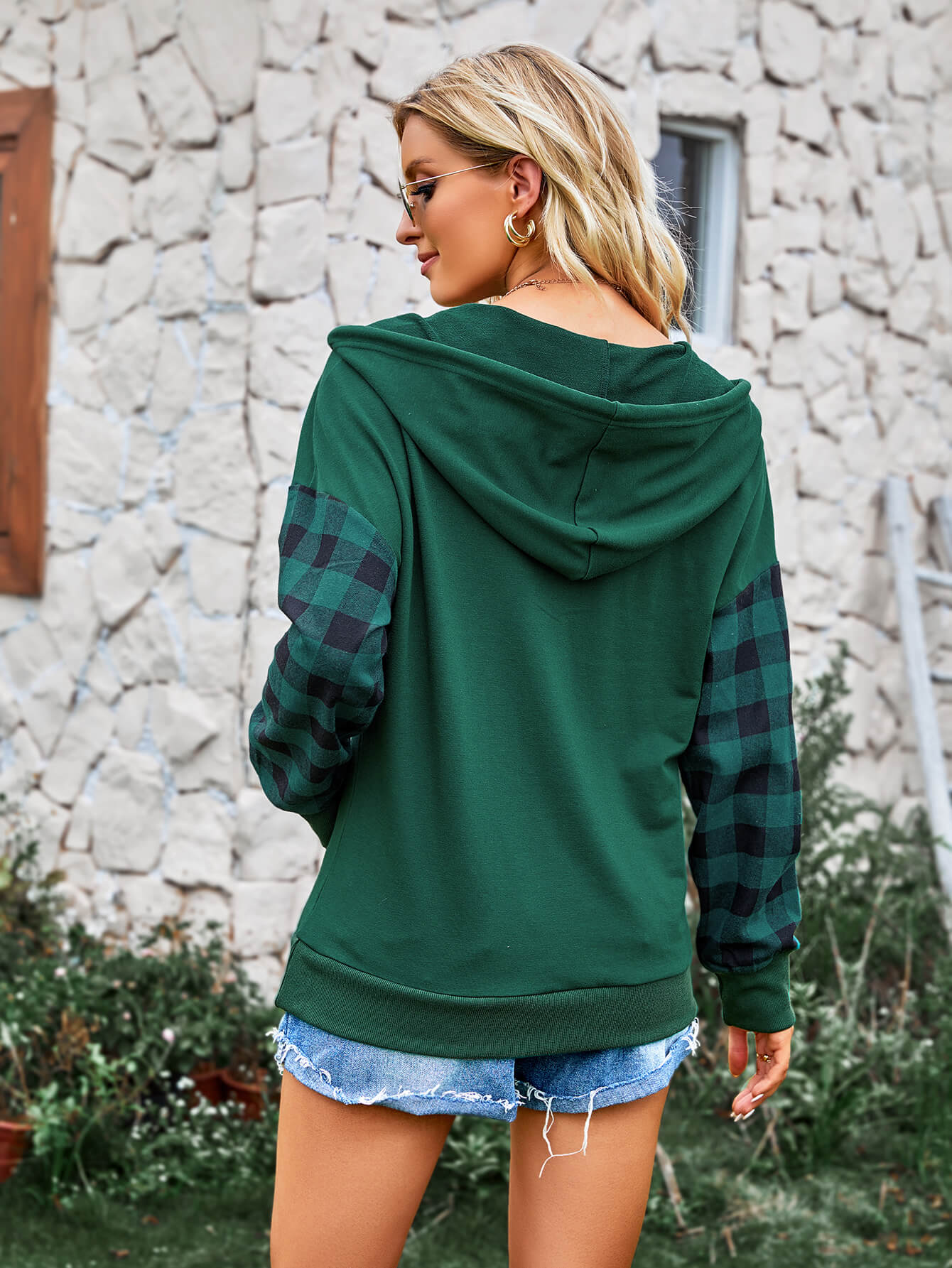 Plaid Two-Tone Quarter Snap Drawstring Detail Hoodie