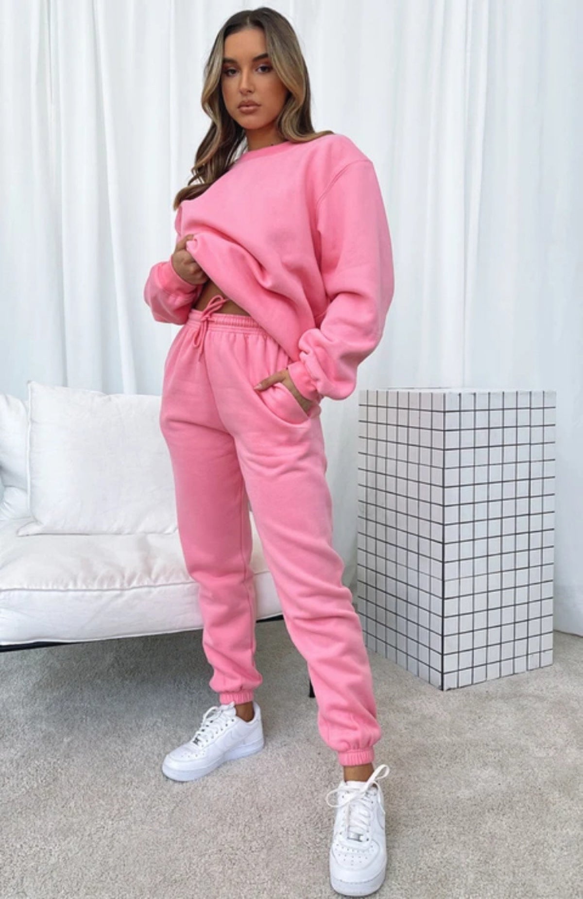 Solid Color Round Neck Long-Sleeved Sweatshirt & Sweatpants Set