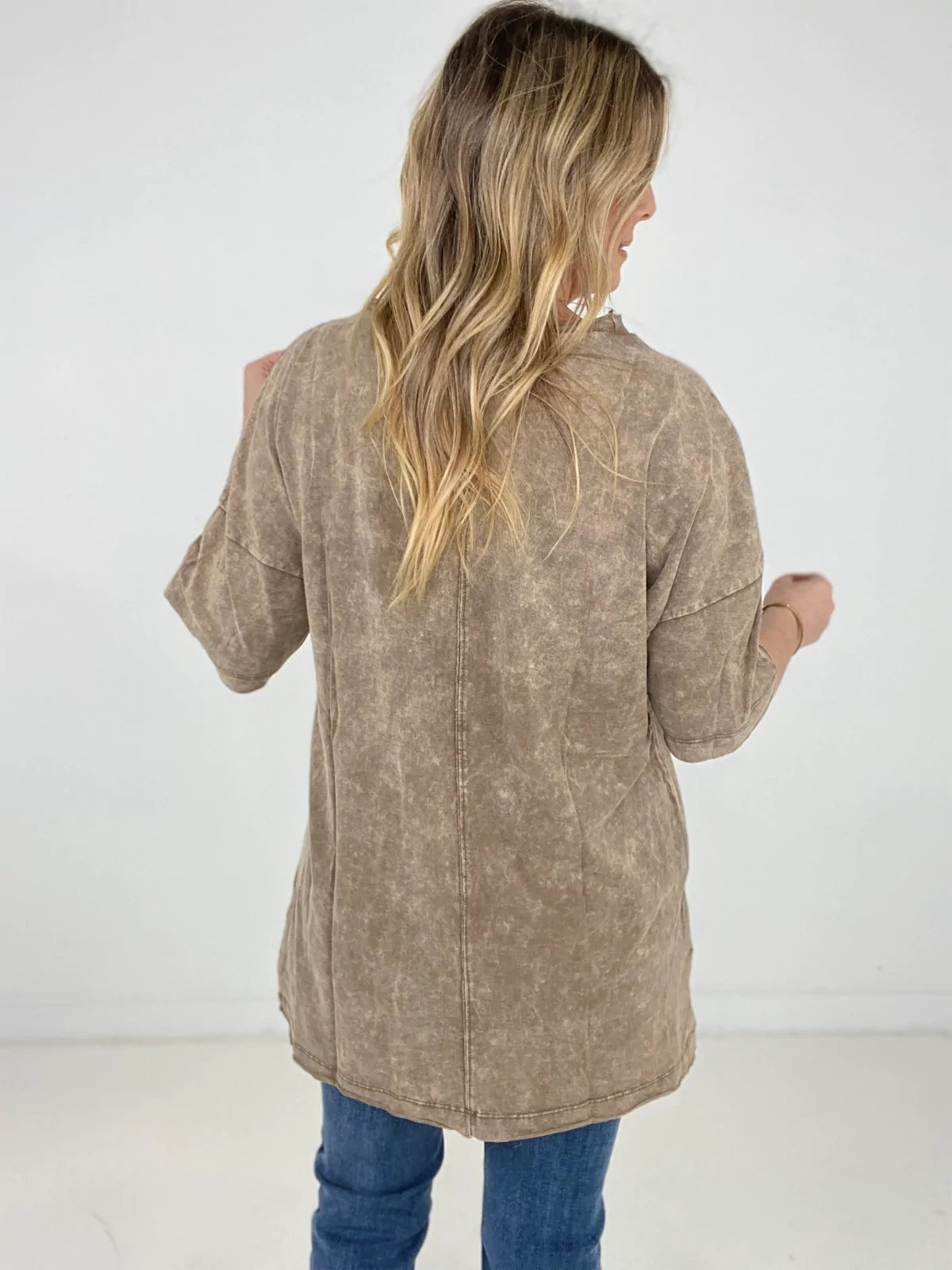 Zenana Acid Wash Front Pocket Raw Edge Top