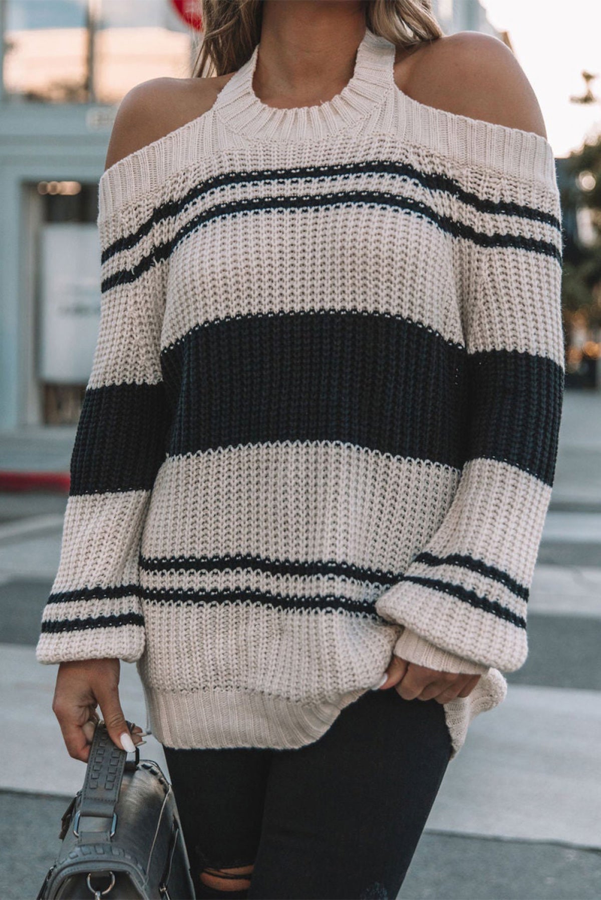 Striped Cold Shoulder Knit Sweater