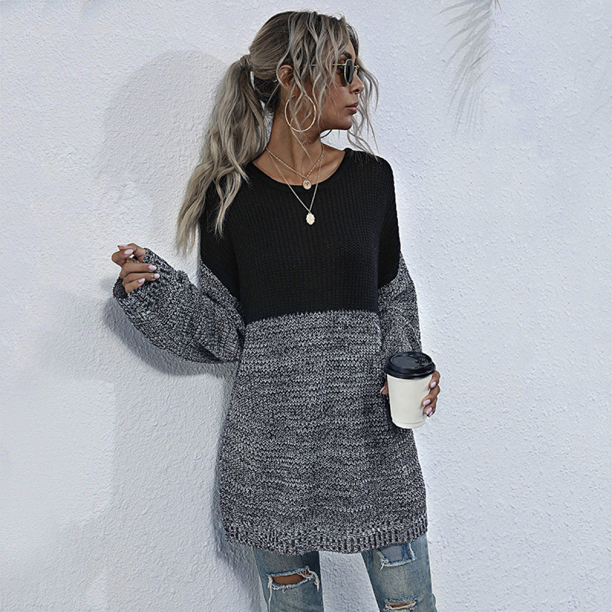 Colorblock Long Sleeve Mid-Length Knit Sweater