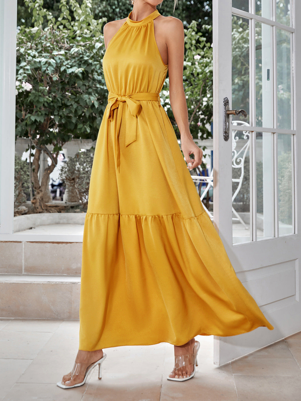 Halter Neck Tie Waist Solid Color Maxi Dress