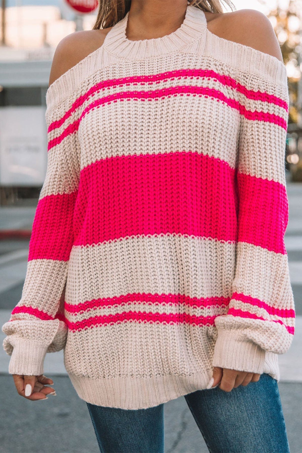 Striped Cold Shoulder Knit Sweater