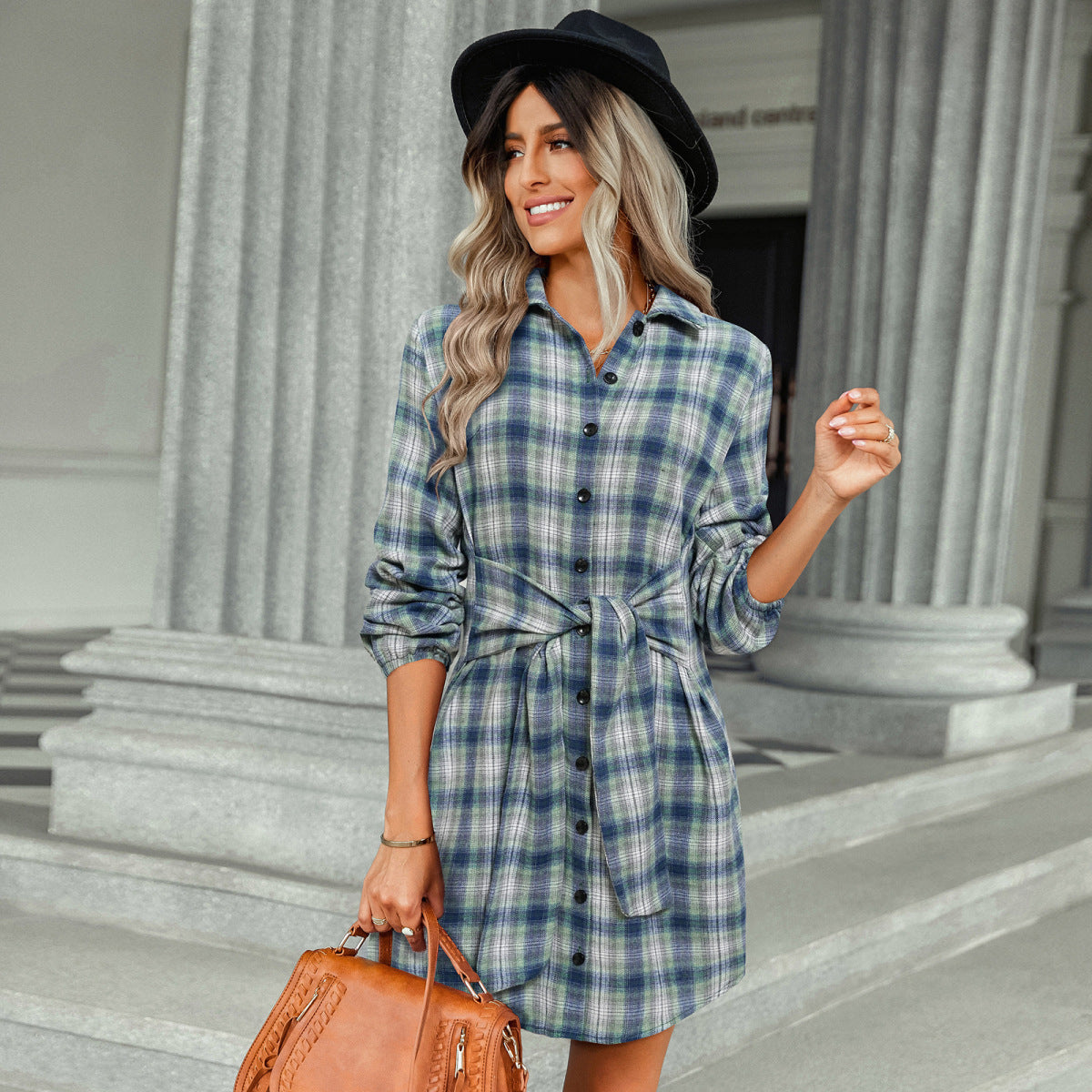 Long Sleeve Plaid Single-Breasted Shirt Dress with Belt