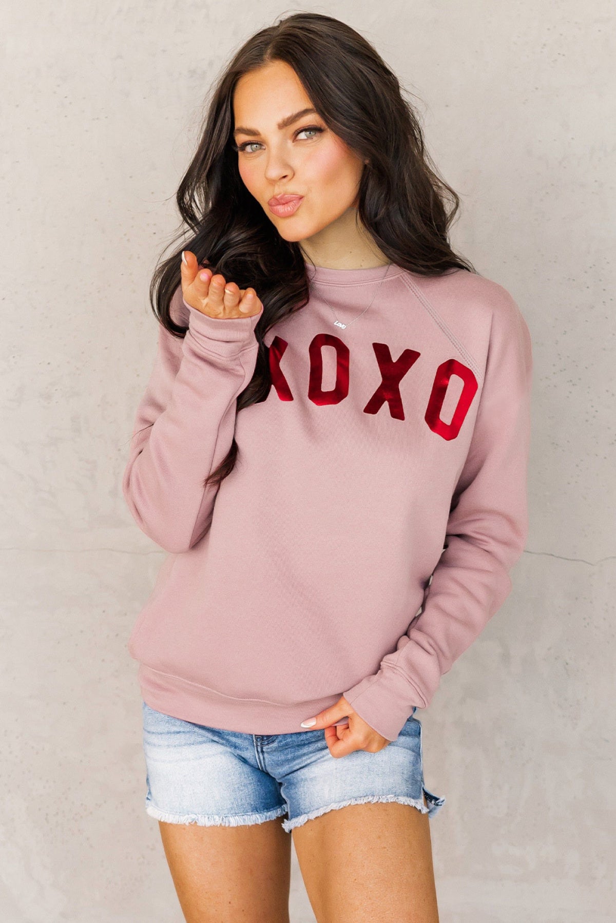 Pink XOXO Glitter Pattern Print Graphic Sweatshirt