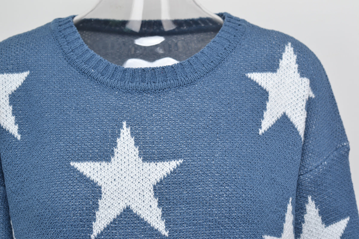 Crew Neck Long Sleeve Stars Graphics Sweater