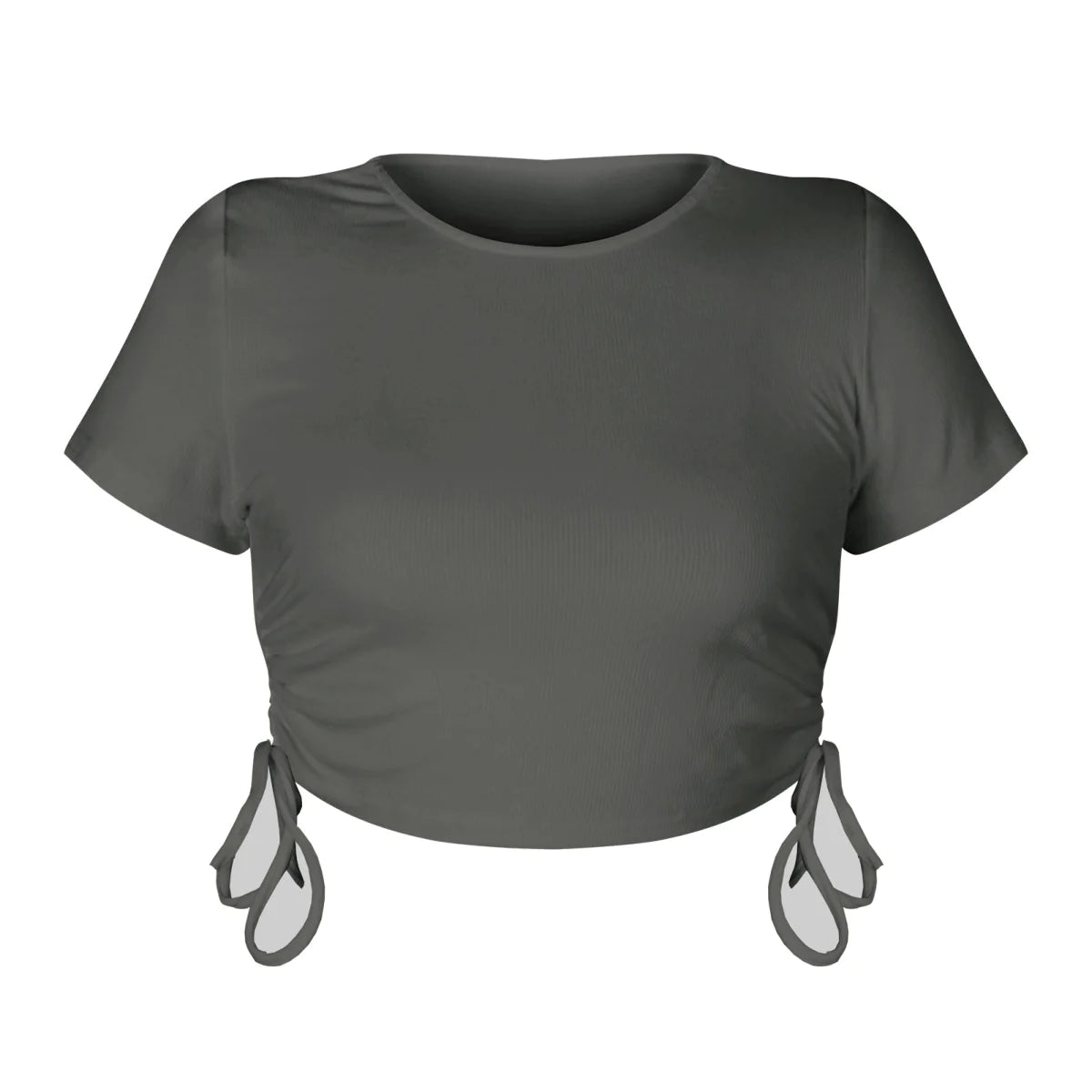 Round Neck Drawstring Rouching Solid Color Crop T-shirt