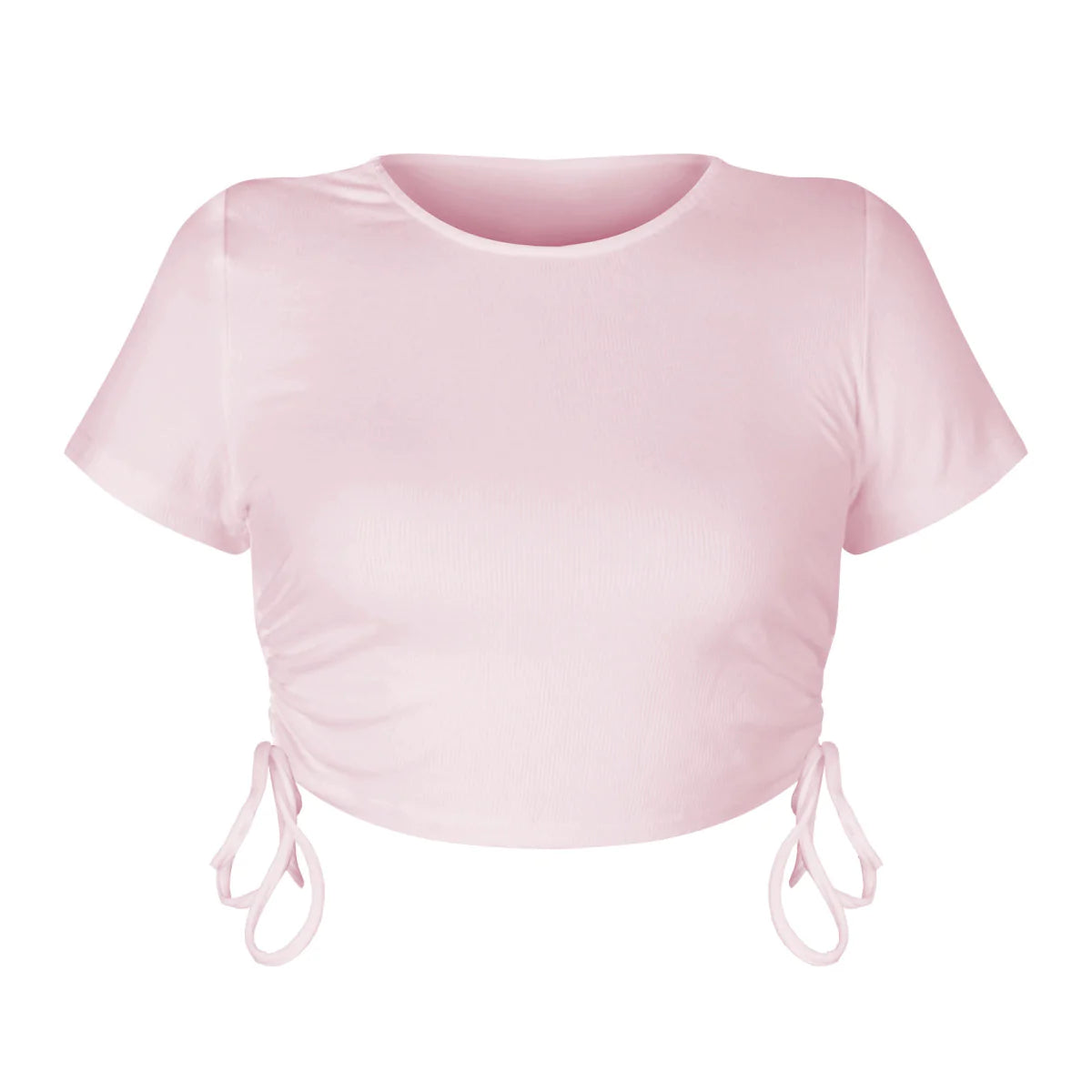 Round Neck Drawstring Rouching Solid Color Crop T-shirt