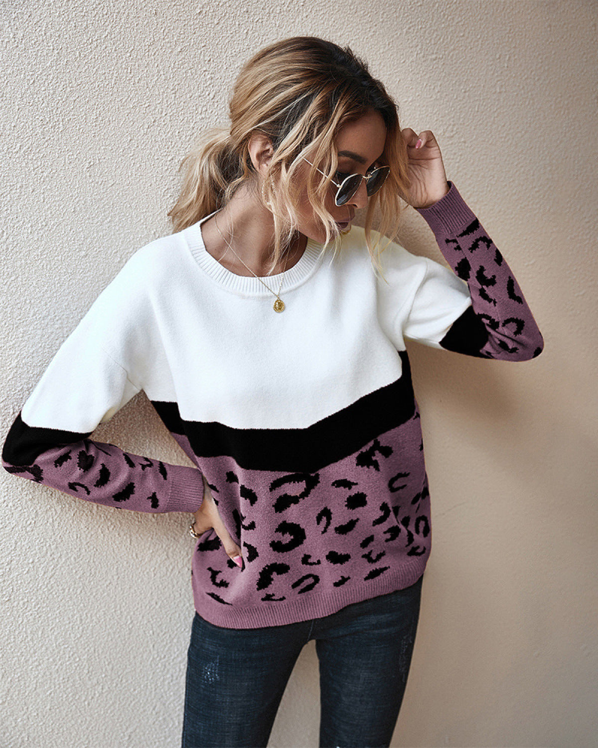 Leopard Round Neck Long Sleeve Sweater