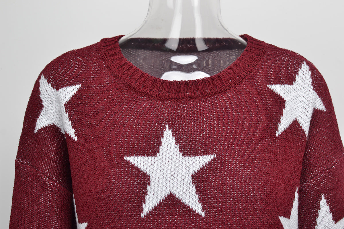 Crew Neck Long Sleeve Stars Graphics Sweater