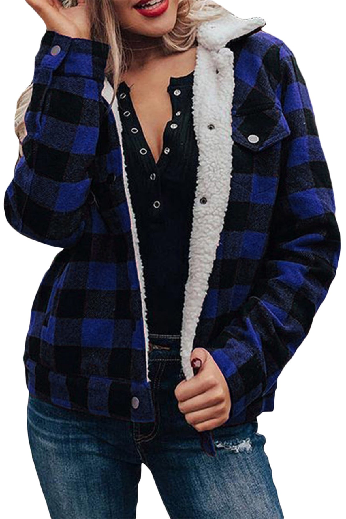 Plaid Print Fleece Button Jacket