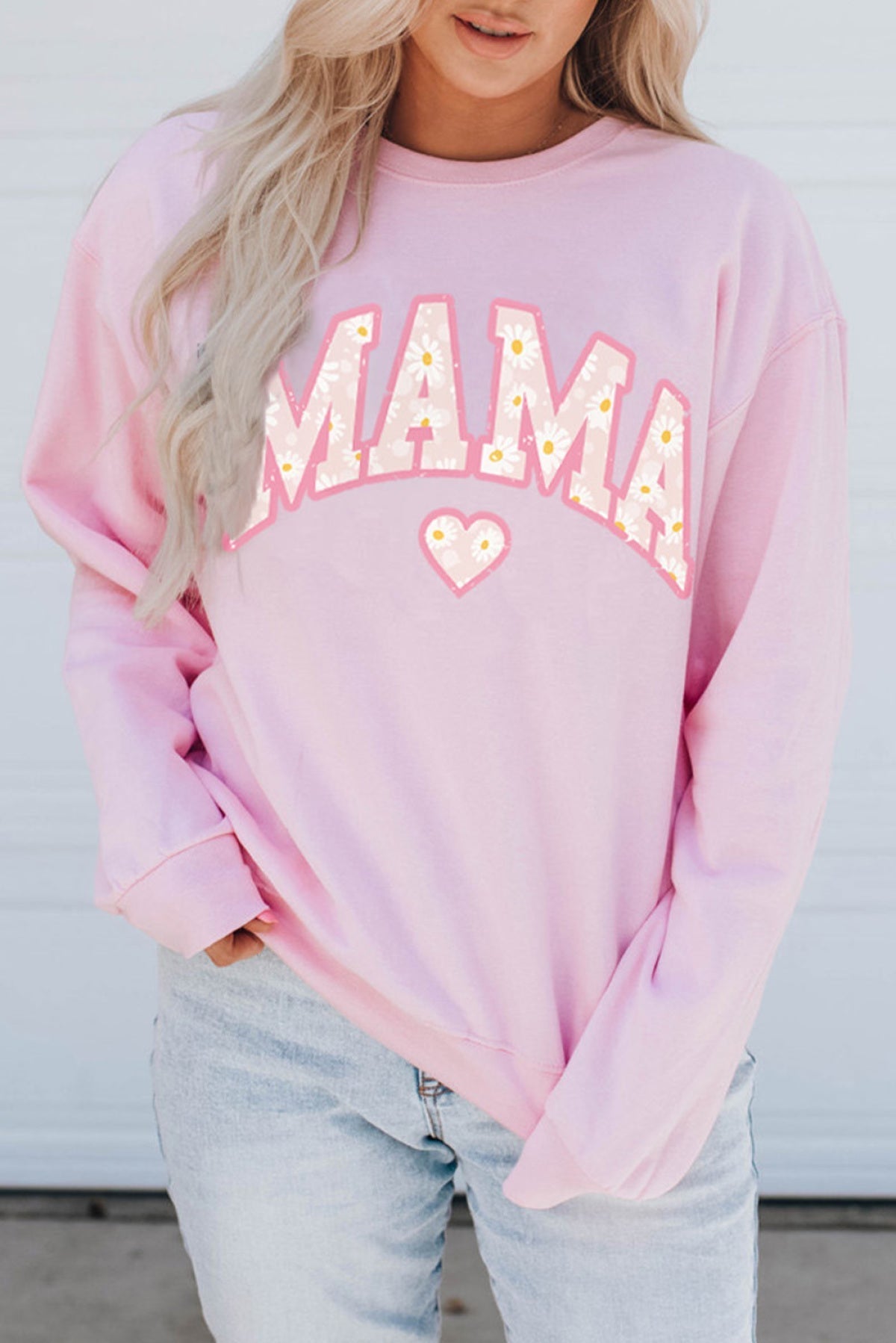 Pink Mama Letter Print Daisy Shading Sweatshirt