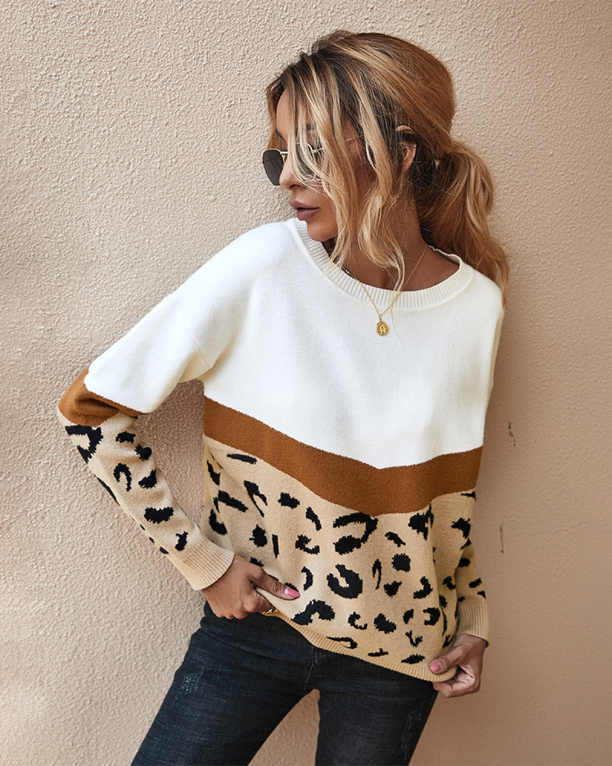 Leopard Round Neck Long Sleeve Sweater