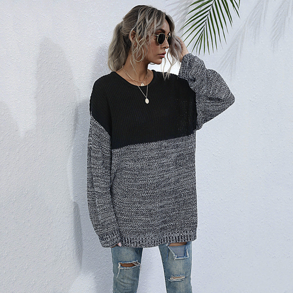 Colorblock Long Sleeve Mid-Length Knit Sweater