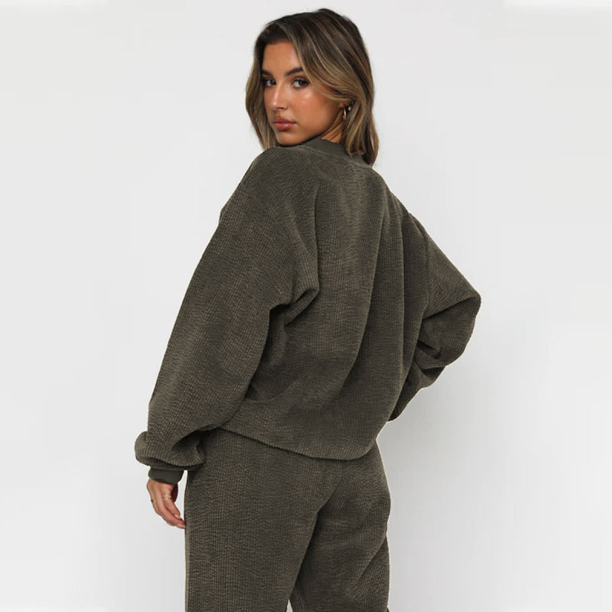 Corduroy Crew Neck Pullover Long Sleeve Sweatshirts & TiePants Two-Piece Sets