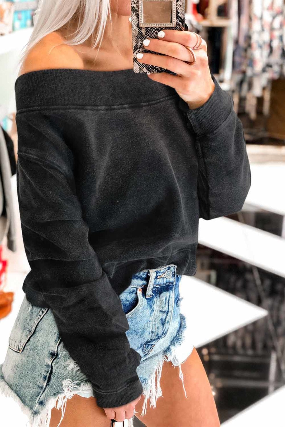 Black Off The Shoulder Mineral Wash Pullover