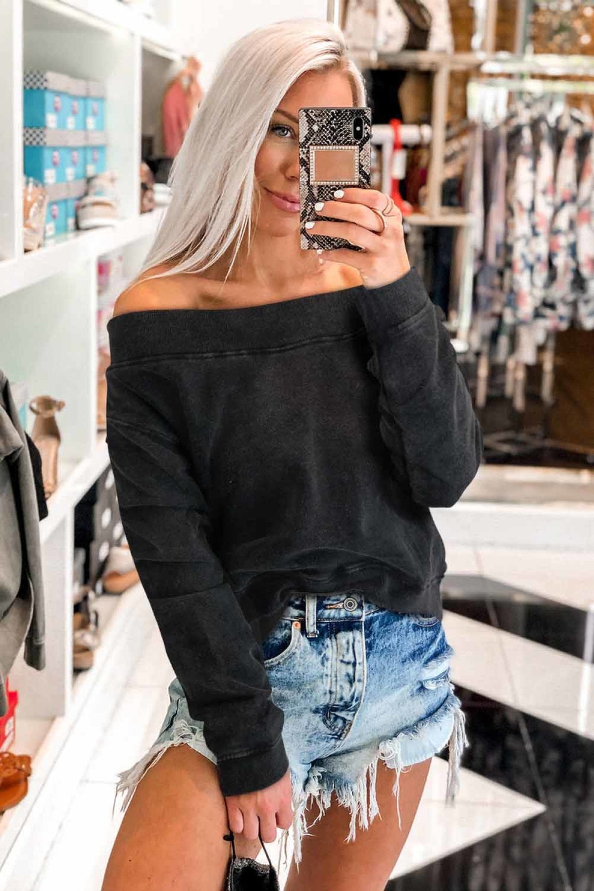 Black Off The Shoulder Mineral Wash Pullover