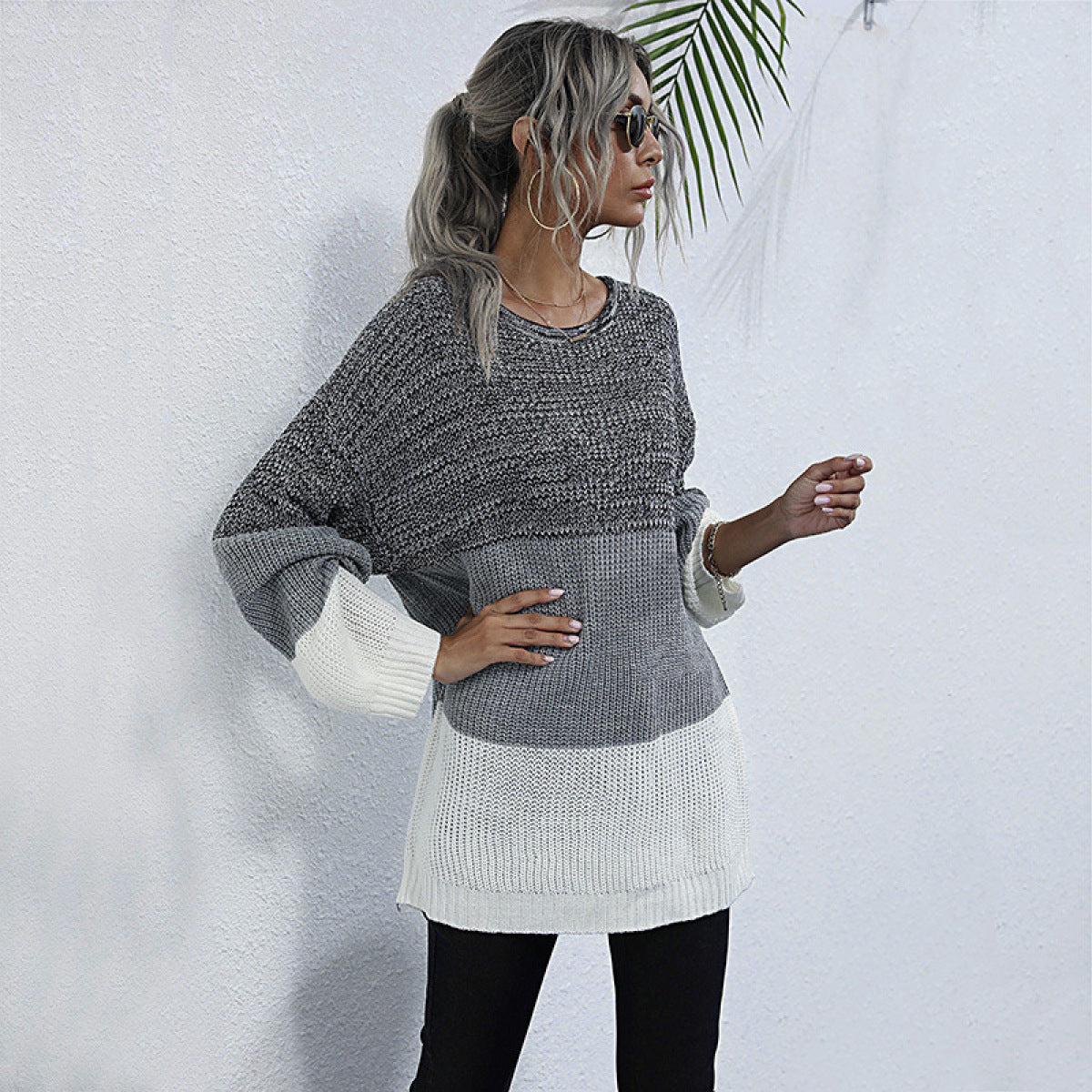 Round Neck Colorblock Long Sleeve Mid-Length Knit Sweater