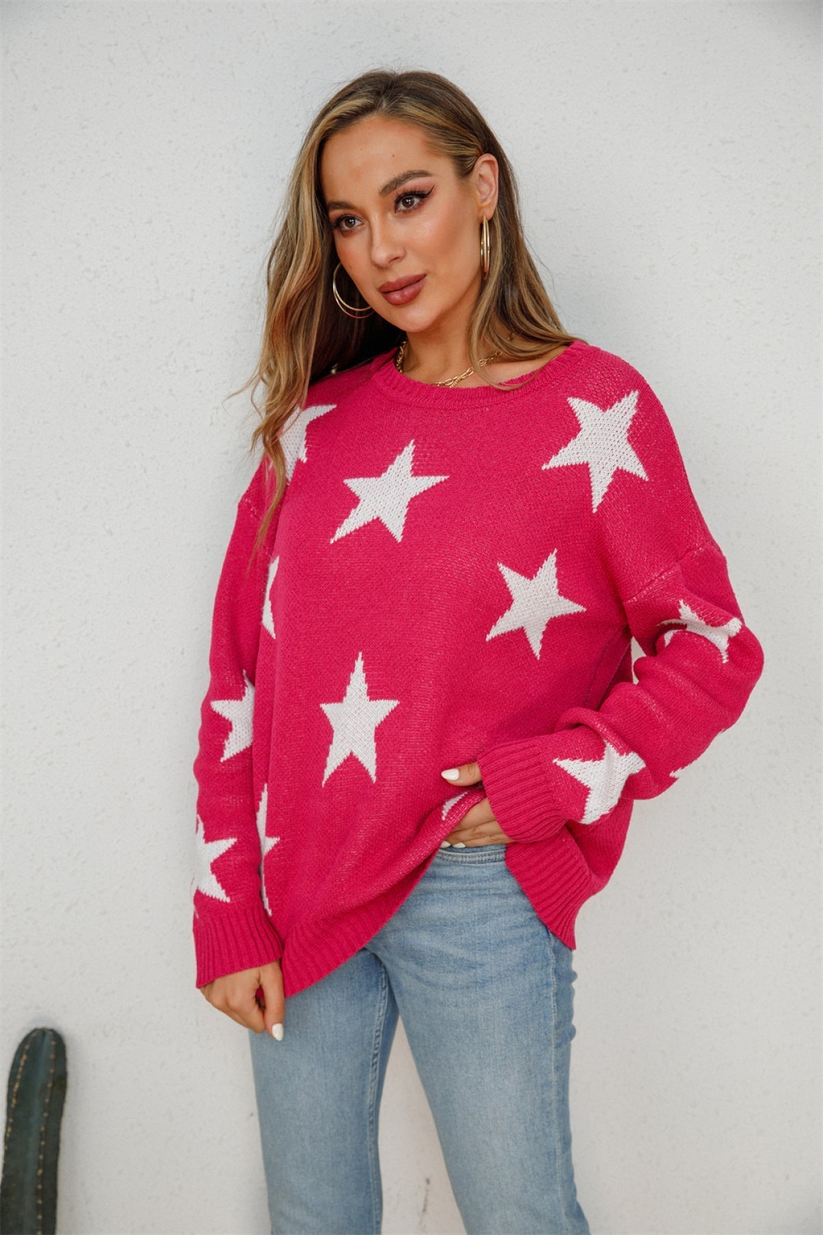 Crew Neck Long Sleeve Stars Graphics Sweater