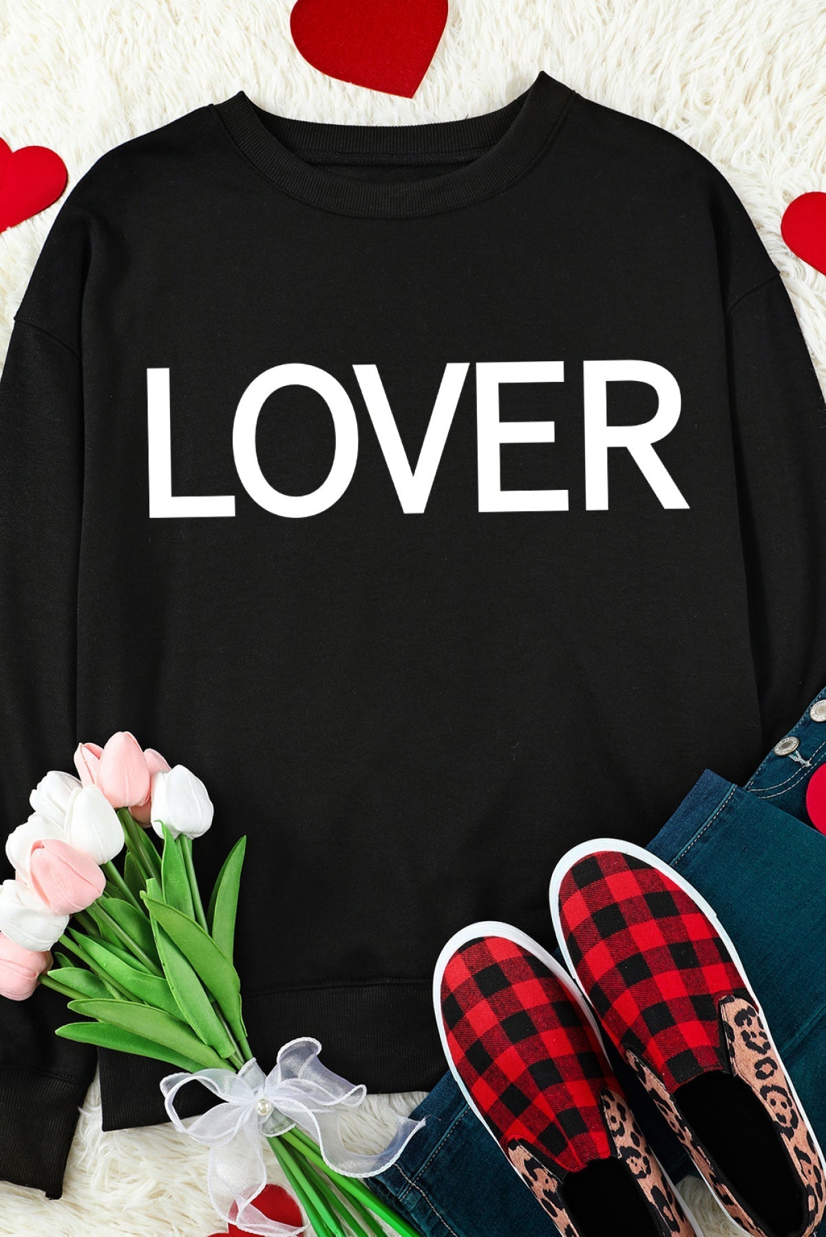 Black LOVER Letter Print Crew Neck Pullover Sweatshirt