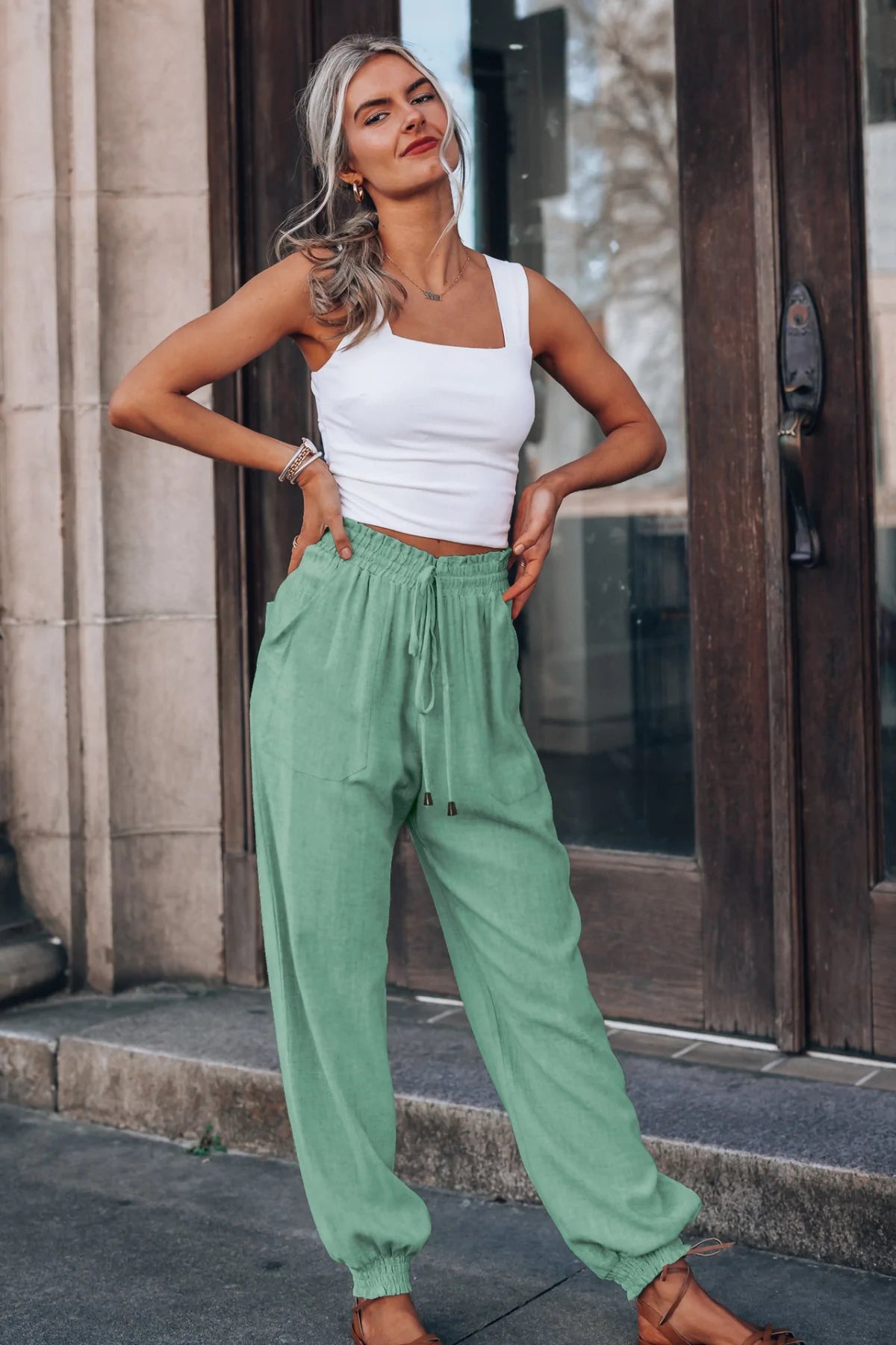 Solid Color Tie-waist Tapered Pants