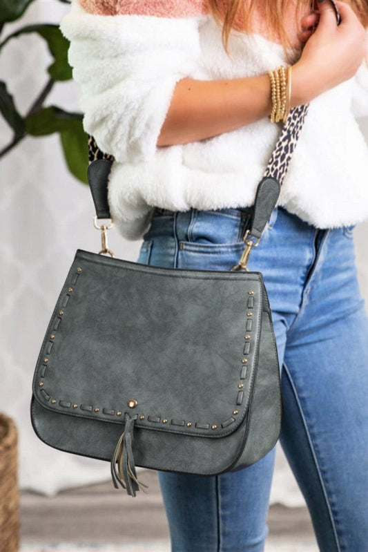 Gray Leopard Strap Tassel PU Leather Crossbody Bag