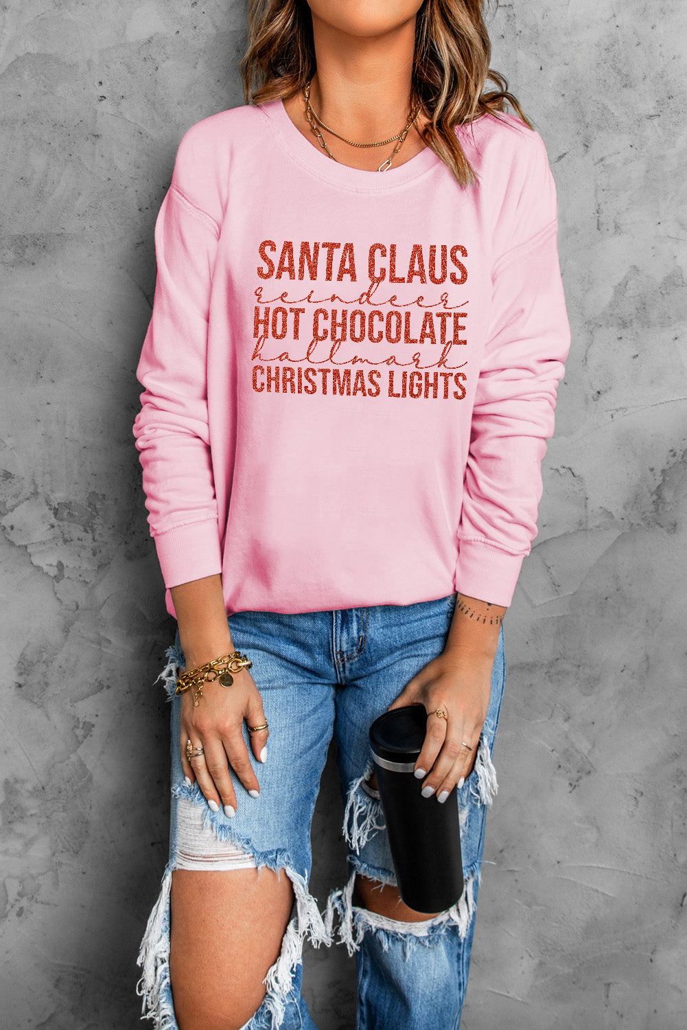 Christmas Letter Graphic Ribbed Trim Sweatshirt