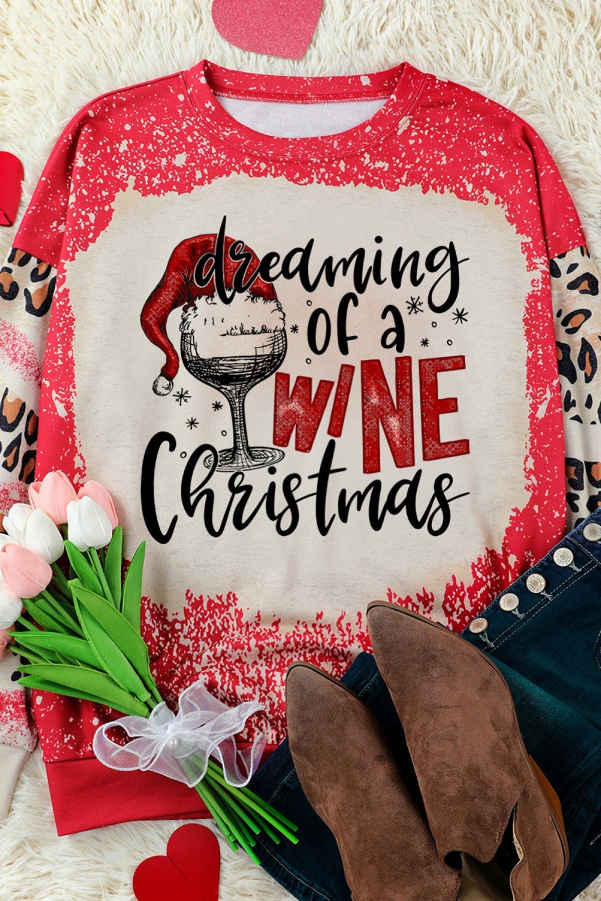 Red Dreaming Of A WINE Christmas Leopard Tie-Dye Print Sweatshirt