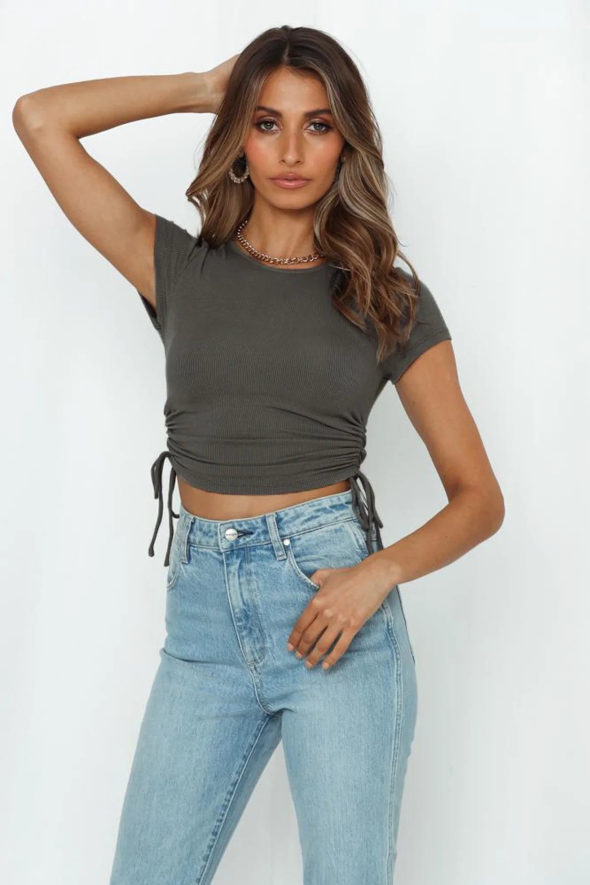 Round Neck Drawstring Rouching Solid Color Crop T-shirt