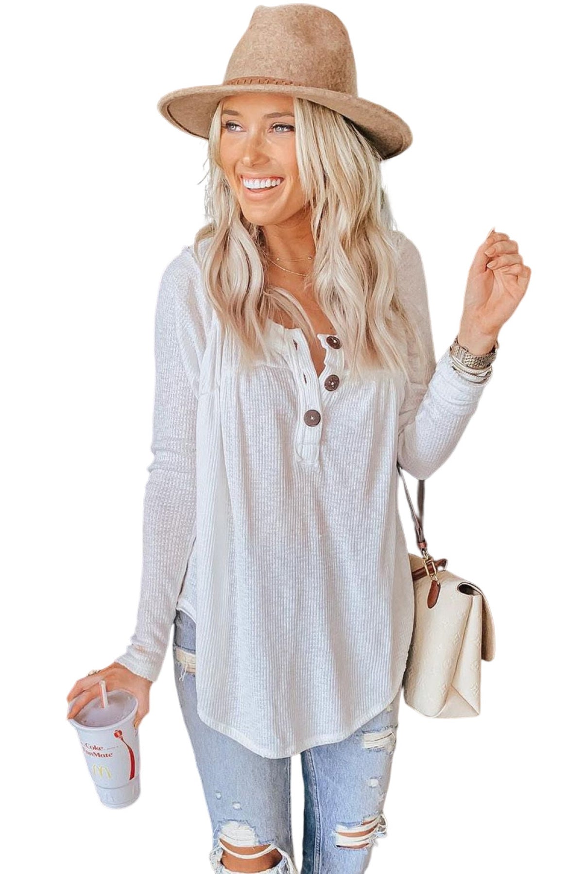 Beige Lightweight Ribbed Knit Oversize Henley Top