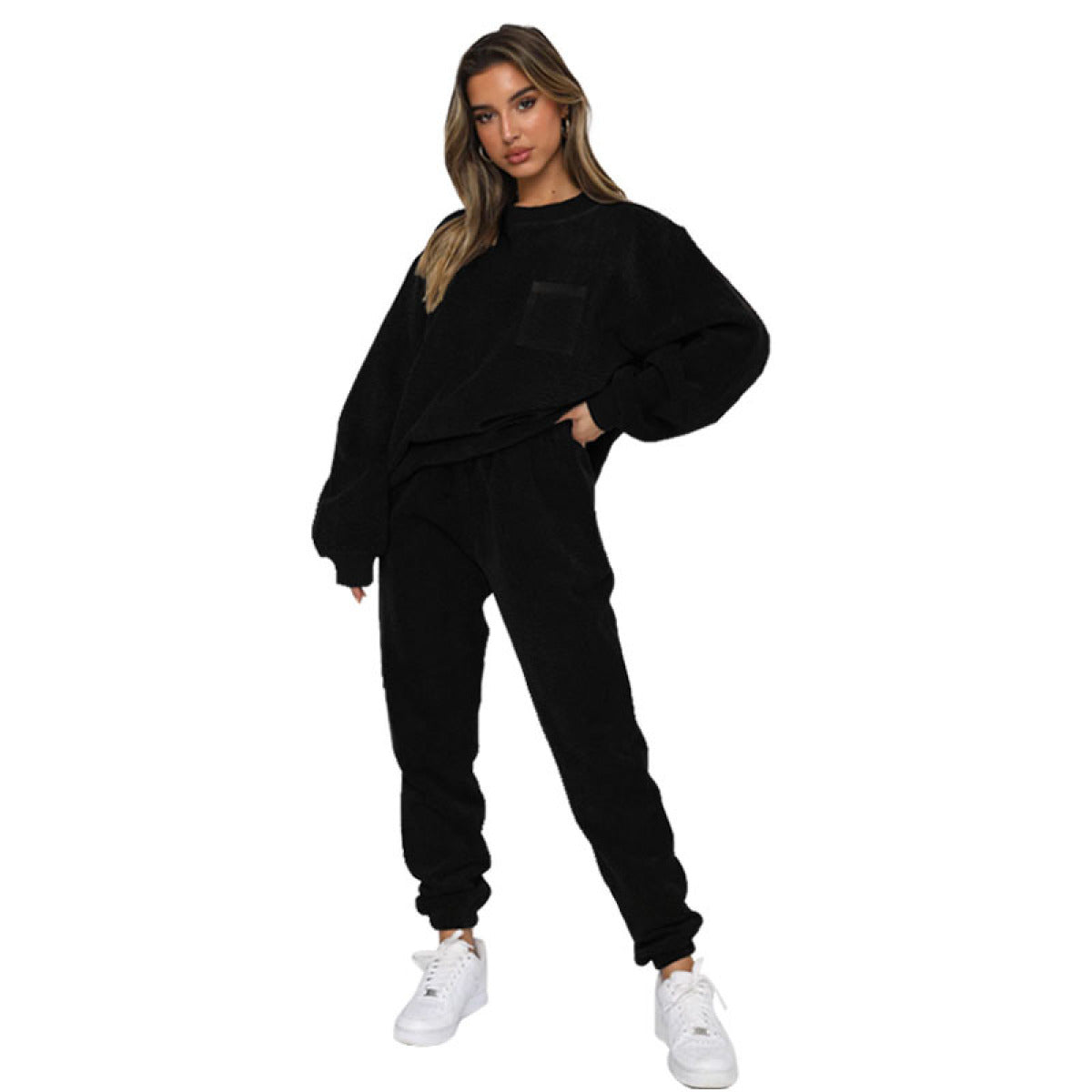 Corduroy Crew Neck Pullover Long Sleeve Sweatshirts & TiePants Two-Piece Sets