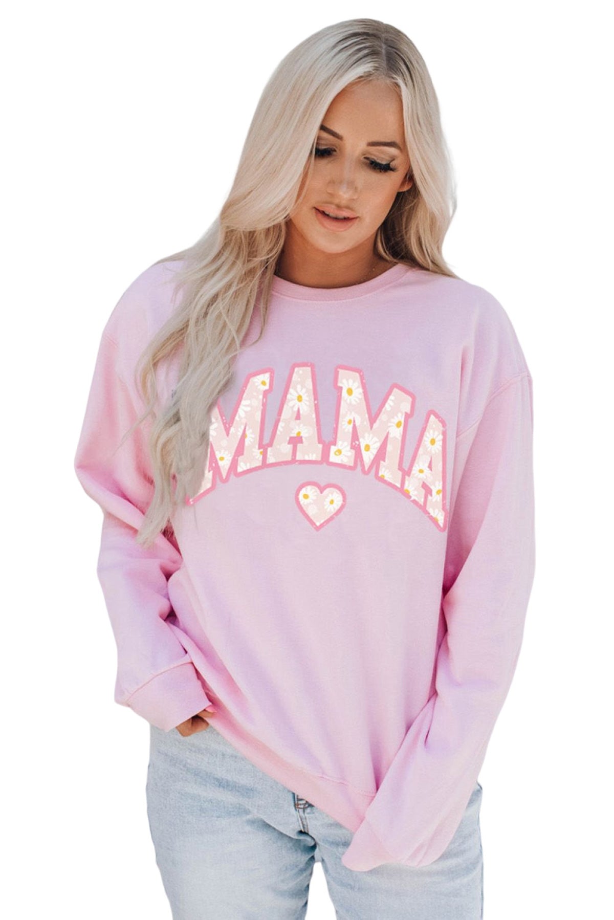 Pink Mama Letter Print Daisy Shading Sweatshirt