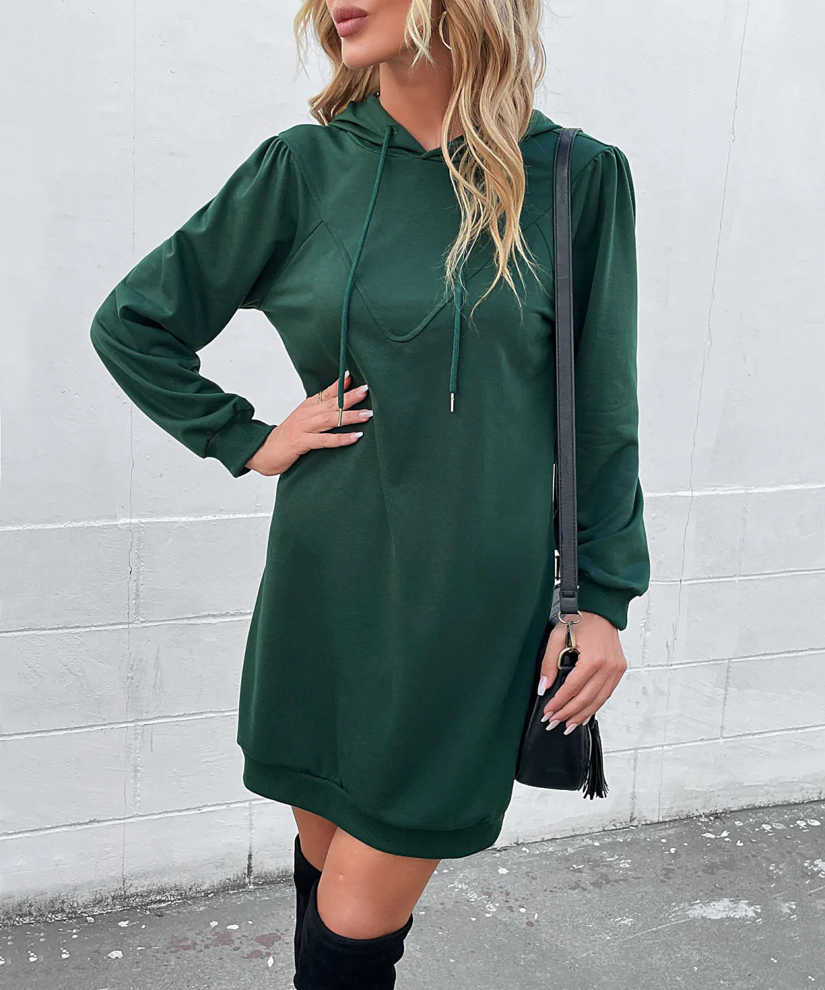 Solid Long Sleeve Hooded Mini Dress