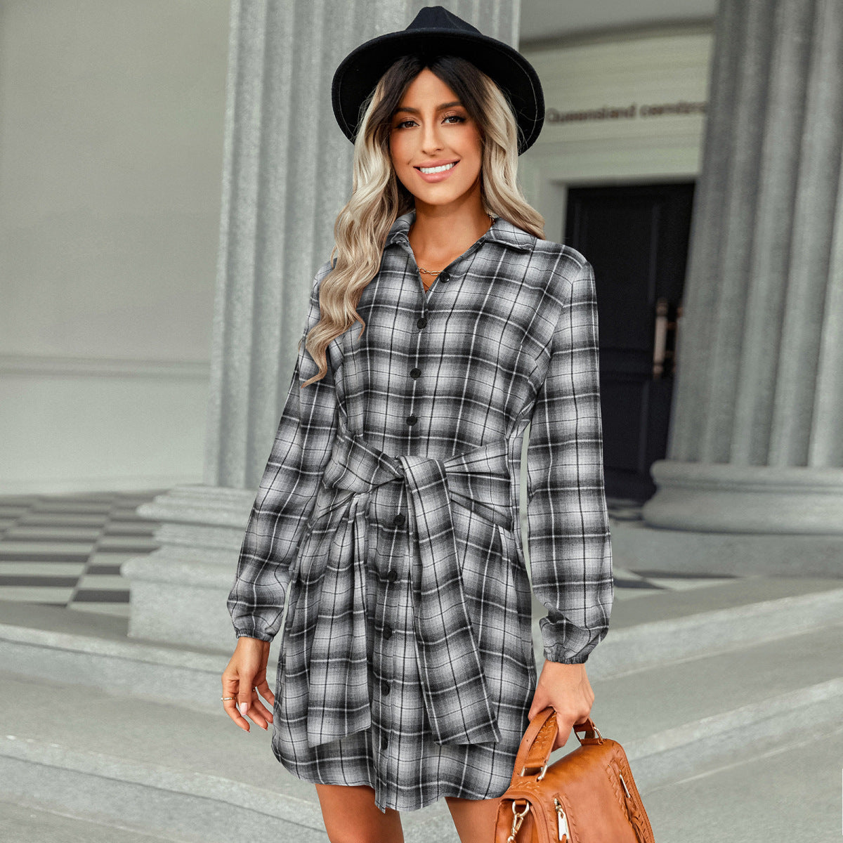 Long Sleeve Plaid Single-Breasted Shirt Dress with Belt