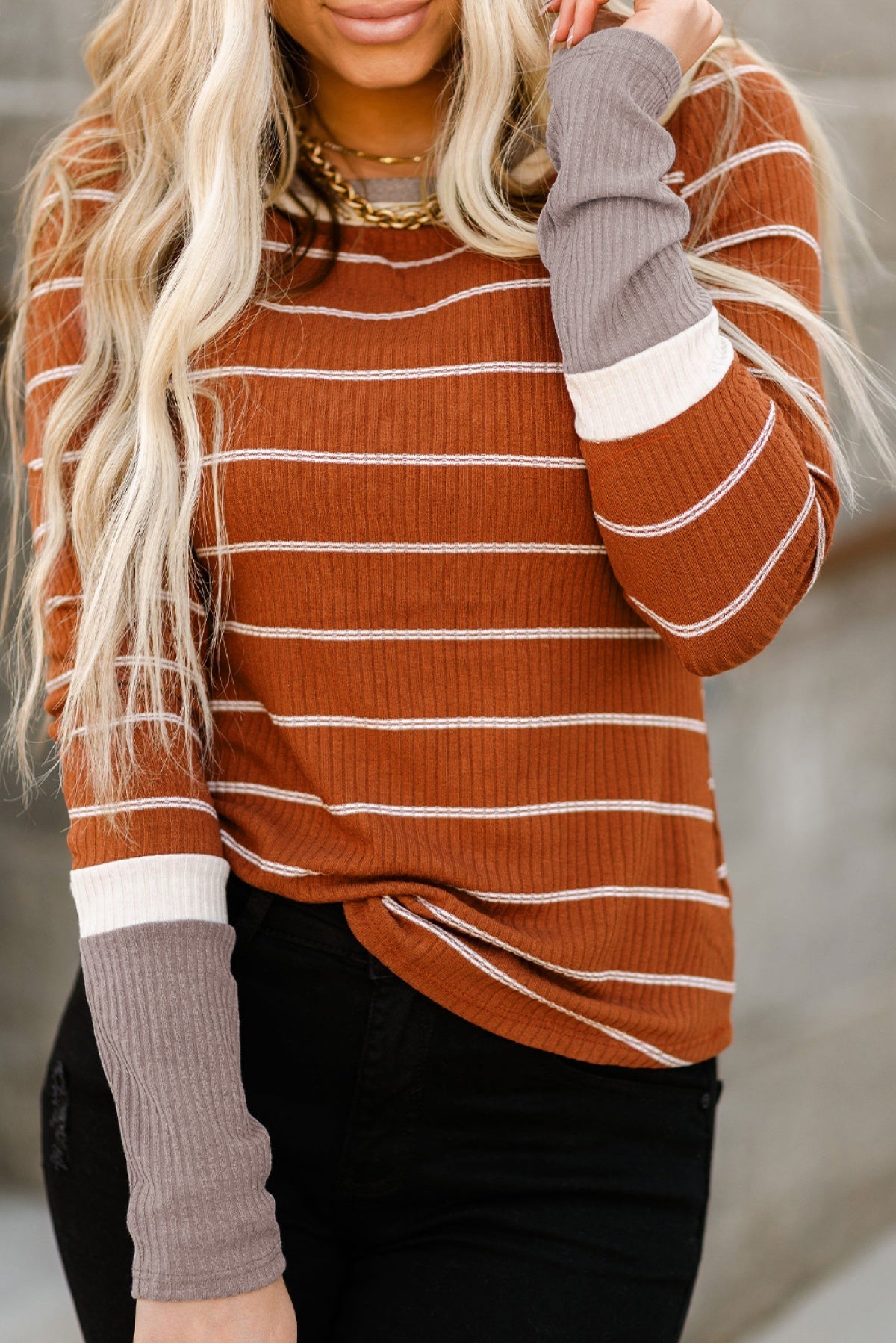 Extend Color Block Cuffs Rib Knit Striped Pullover