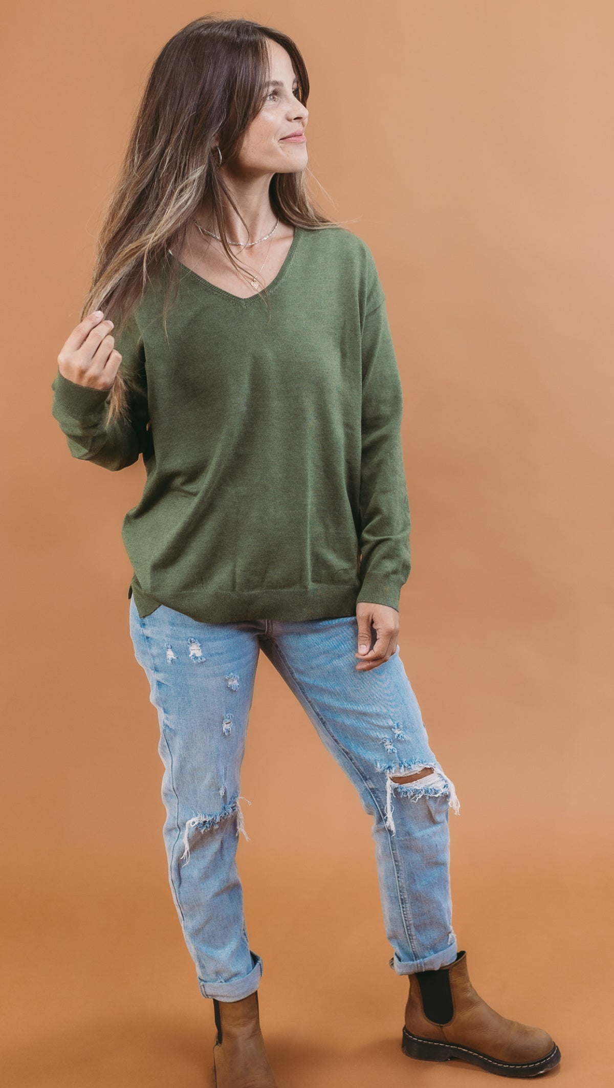 Davi & Dani Soft V Neck Slit Cozy Sweater