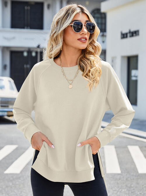 Zip Detail Round Neck Long Sleeve Sweatshirt