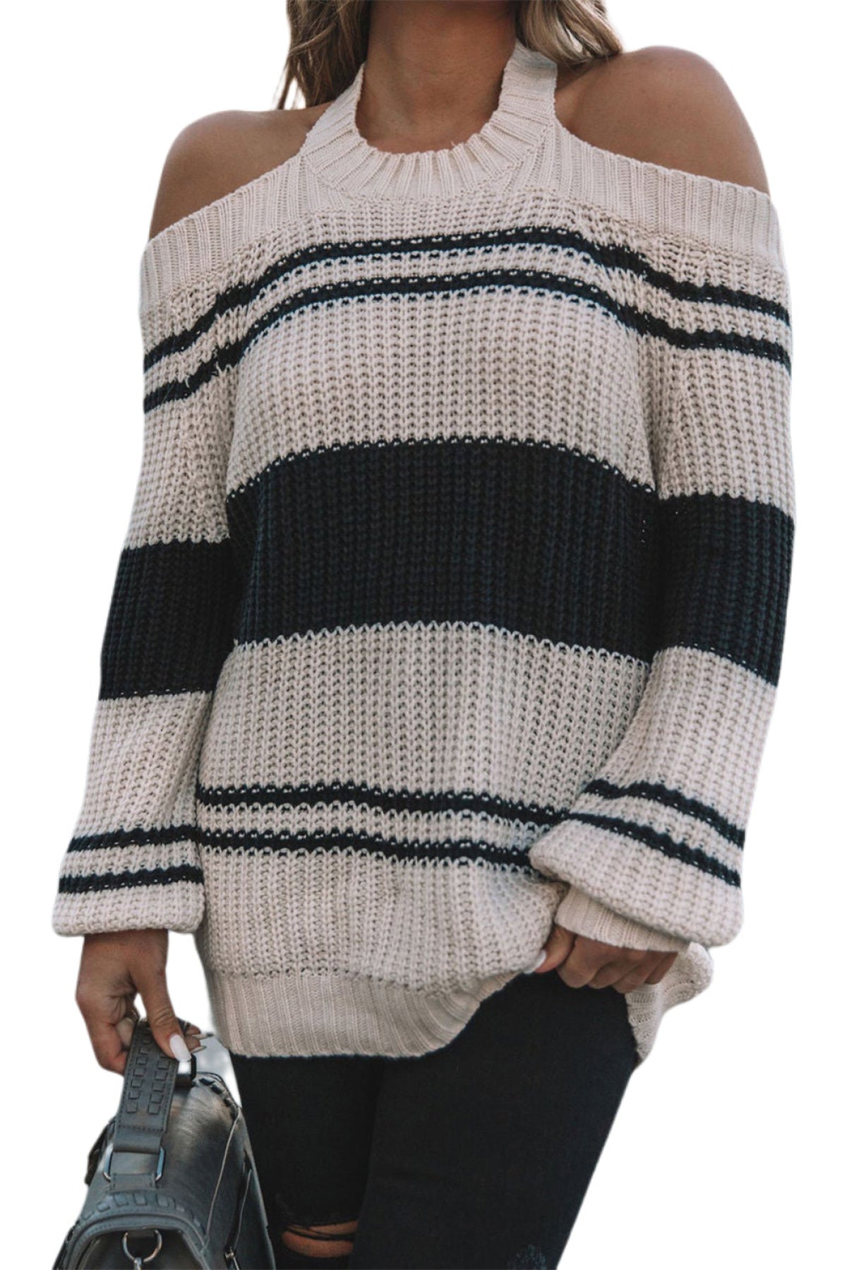 Striped Cold Shoulder Knit Sweater